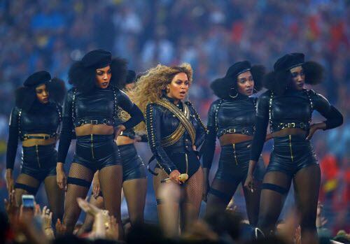  Singer Beyonce performs at halftime with dancers in Super Bowl 50 on Feb. 7 between the...