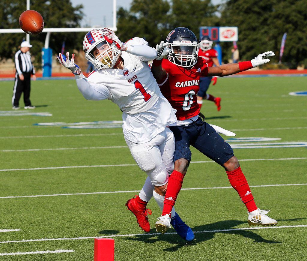 Parish Episcopal's Evan Greene (1) can't make the catch as Plano John Paul II's Cameron Peters (8) defends during the first half of play at the TAPPS Division I state championship game at Waco Midway's Panther Stadium in Hewitt, Texas on Friday, December 6, 2019. (Vernon Bryant/The Dallas Morning News)