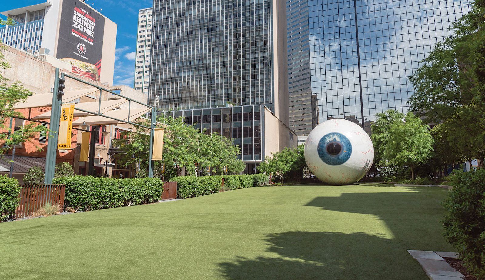 Eye sculpture by Tony Tasset's at The Joule in downtown Dallas