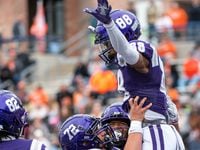 Anna’s wide receiver Jonathan Brown (88) celebrates his touchdown reception with Sam Soto...