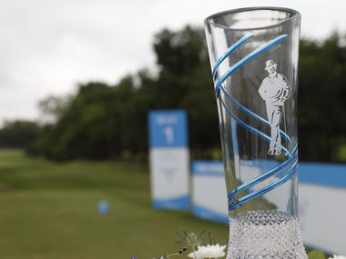 The AT&T Byron Nelson tournament trophy sat at the tee box of the first hole during Round 4 of the AT&T Byron Nelson at TPC Craig Ranch on May 16 in McKinney.