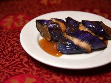 Shrimp-paste-stuffed eggplant at Kirin Court. Good ones are soft and tender yet not too...