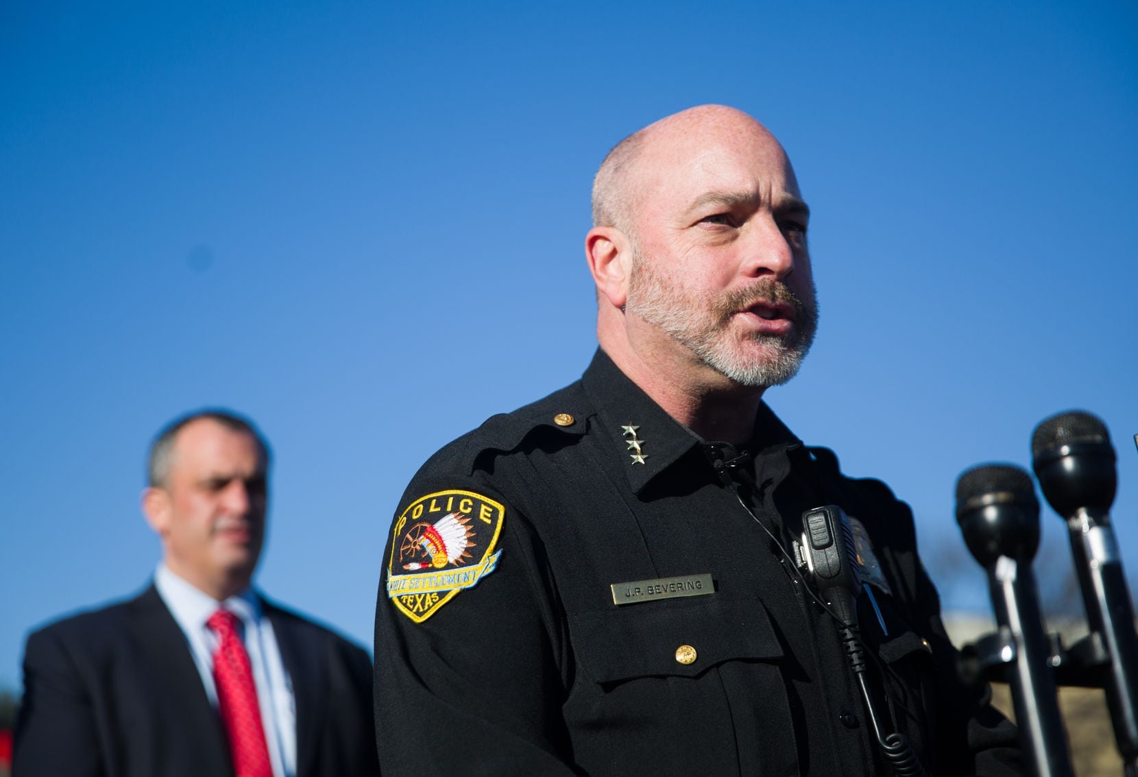 White Settlement police Chief J.P. Bevering speaks at a news conference following the...