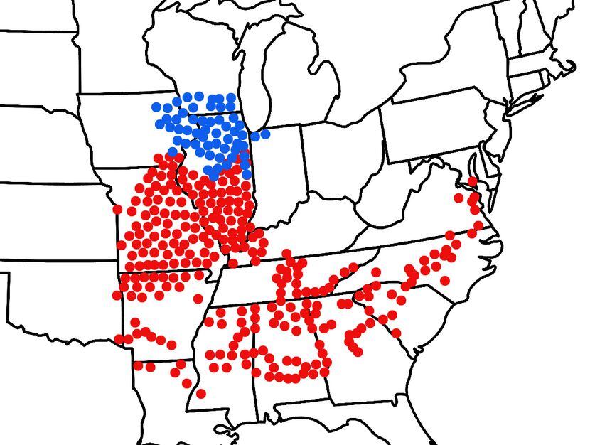 A map shows where the cicadas will emerge. Blue dots represent Brood XIII, or the Northern...