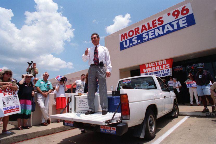 U.S.  Senate candidate Victor Morales, shown campaigning from the back of his "little  white...