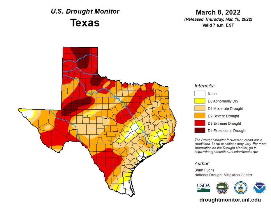 U.S. Drought Monitor Index released March 10 shows extreme drought in Dallas County.