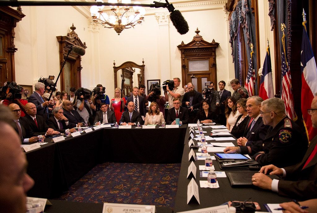 Gov. Greg Abbott hosts a roundtable about safety in Texas schools at the Texas Capitol on...