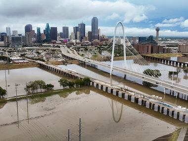 An aerial view of a swollen Trinity River in Dallas, Monday, August 22, 2022. 