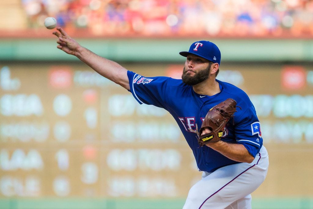 Texas Rangers starting pitcher Lance Lynn pitches during the first inning against the Detroit Tigers at Globe Life Park on Friday, Aug. 2, 2019, in Arlington.