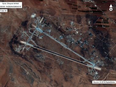 This image released by the US Department of Defense, shows the Shayrat airfield in Syria on...