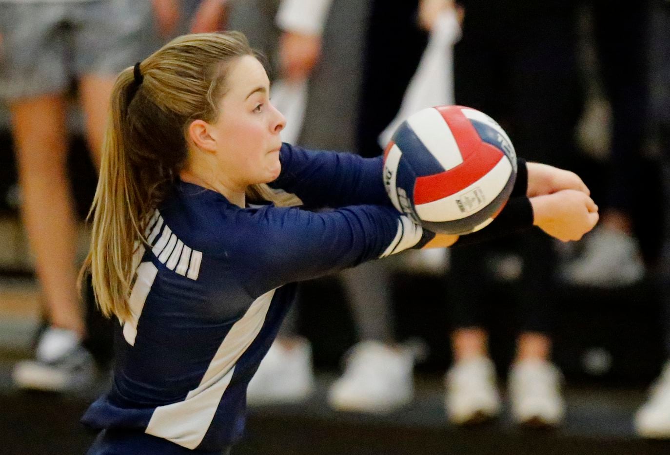 Flower Mound High School outside hitter Cat Young (11) receives a serve during game two of the first round Class 6A playoff match between Flower Mound High School and Prosper High School, played at The Colony High School on Tuesday, November 2, 2021. (Stewart F. House/Special Contributor)