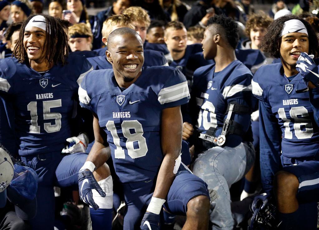 Frisco Lone Star wide receiver Marvin Mims (18) is all smiles following his record breaking performance against Lancaster in their Class 5A Division I Regional championship at Wilkerson-Sanders Stadium in Rockwall, Texas, Friday, December 6, 2019. (Tom Fox/The Dallas Morning News)