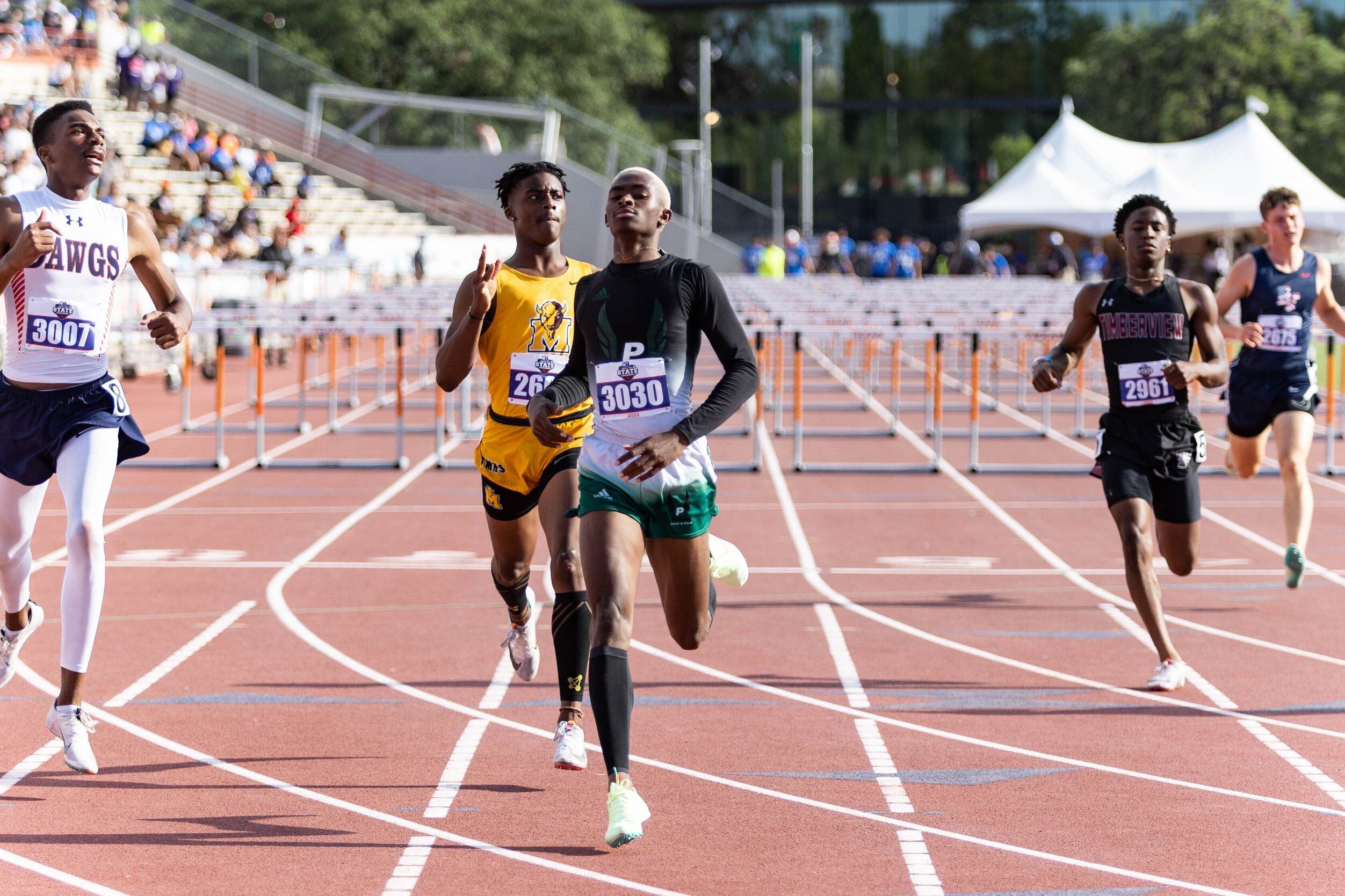 Kendrick Smallwood of Mesquite Poteet reacts after winning the boys’ 110m hurdles at the UIL...