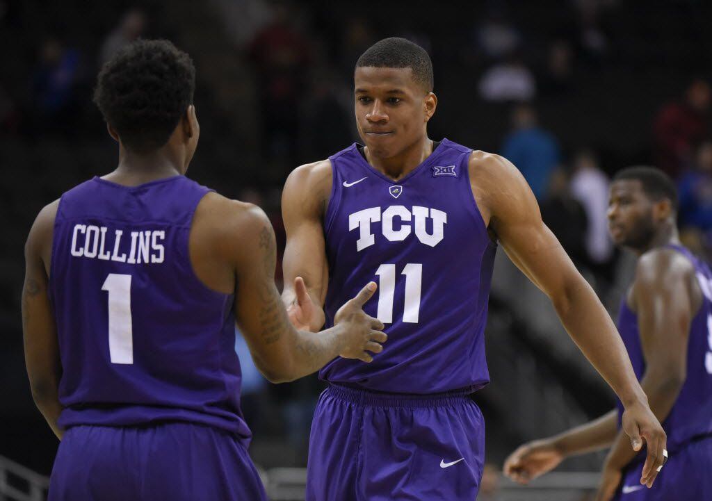 KANSAS CITY, MO - MARCH 9:  Chauncey Collins #1 and Brandon Parrish #11 of the TCU Horned...