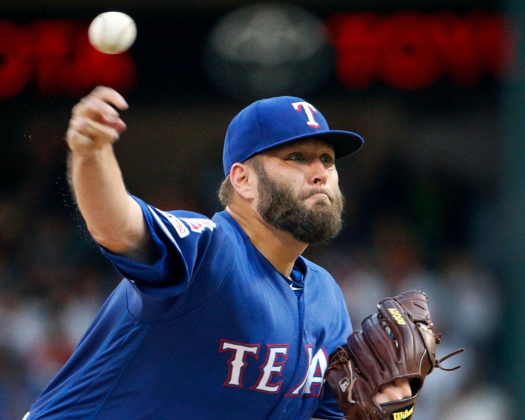 Texas Rangers starting pitcher Lance Lynn (35) throws against the Houston Astros during the...