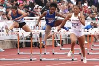 Frisco Heritage hurdler Kaylah Braxton, right, was the first to clear the final hurdle en...