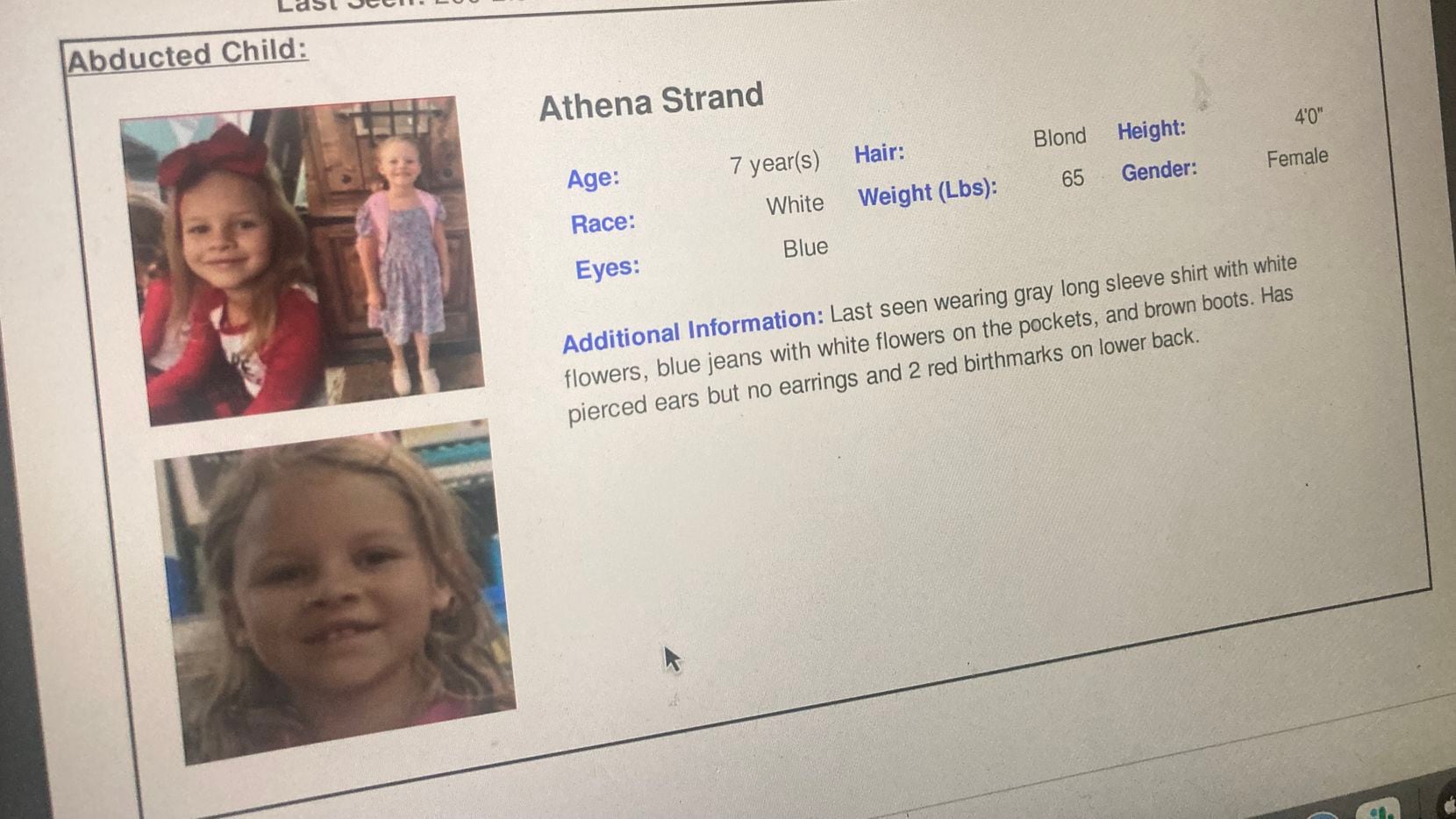 An Amber Alert was issued for 7-year-old Athena Strand.