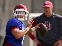 Oklahoma quarterback Dillon Gabriel throws during an NCAA college football practice, Monday,...