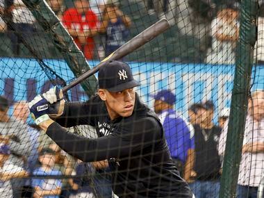 New York Yankees right fielder Aaron Judge (99) takes batting practice before a MLB game...