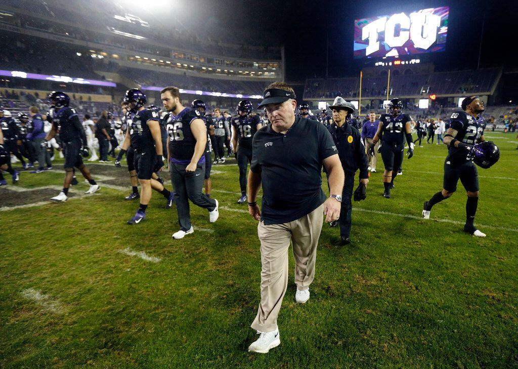 TCU Horned Frogs head coach Gary Patterson walks off the field after losing to the West Virginia Mountaineers at Amon G. Carter Stadium in Fort Worth, Friday, November 29, 2019. The Horned Frogs lost, 20-17.