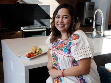 OMG Vegan Tamales Owner Mayra Gaytan shown with her Picadillo Tamales at her home in Sachse.