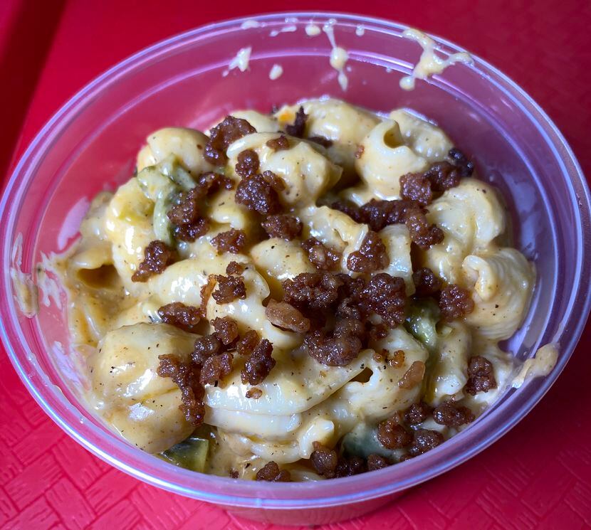 At Cattleack Barbeque, cheesy pasta shells are crowned with beef cracklins.