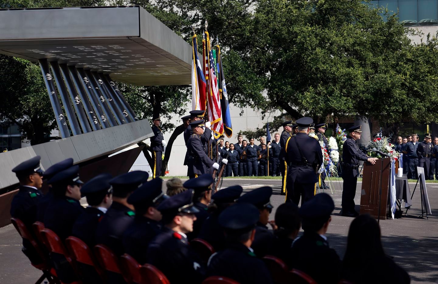 Dallas Police Chief Eddie Garcia (at podium) honored officers who died in the line of duty during the 2021 Police Memorial Day at the Dallas Police Memorial in downtown Dallas, Wednesday, July 7, 2021. It was the 5th anniversary of the July 7th ambush and special recognition was given to those officers who were killed. (Tom Fox/The Dallas Morning News)
