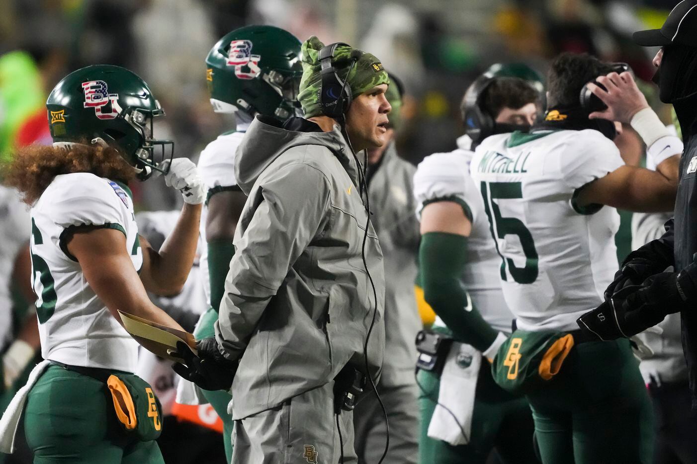 Baylor head coach Dave Aranda looks on from the sidelines during the first half of the Armed...