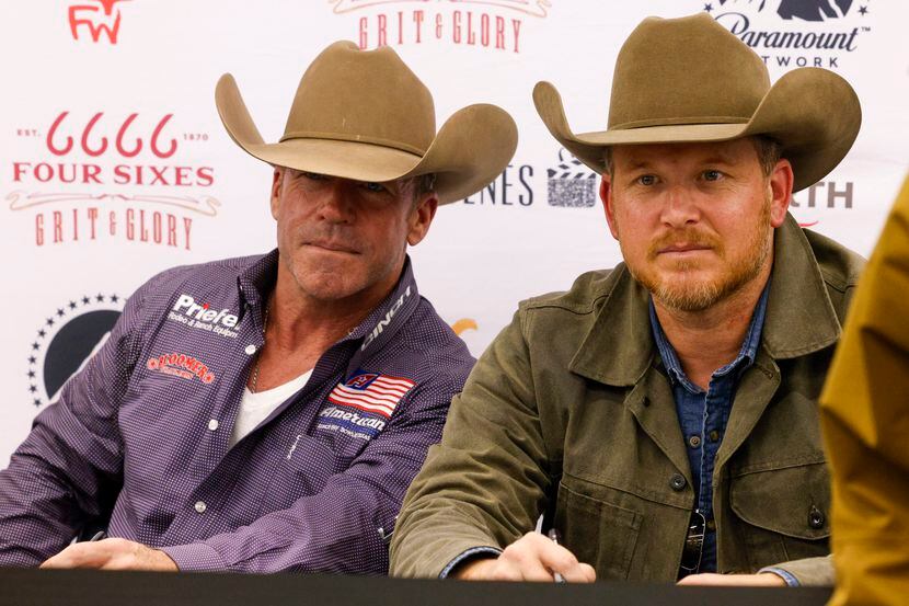“Yellowstone” creator Taylor Sheridan (left) and actor Cole Hauser pose for a photo while...