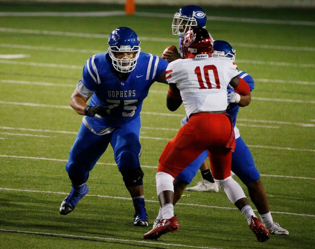 Grand Prairie Demarcus Marshall (75) blocks Duncanville's Marcus Mosley (10)during their high school football game in Grand Prairie, Texas, on November 10, 2017. (Michael Ainsworth/Special Contributor) 

