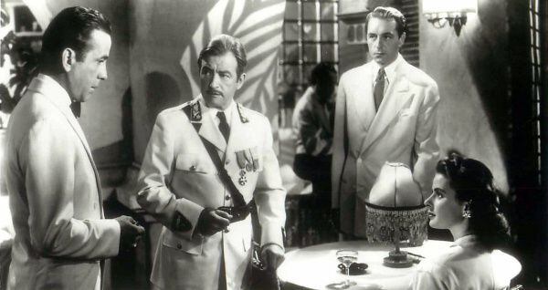 Humphrey Bogart, Paul Henreid, Claude Rains and Ingrid Bergman in a scene from "Casablanca."
