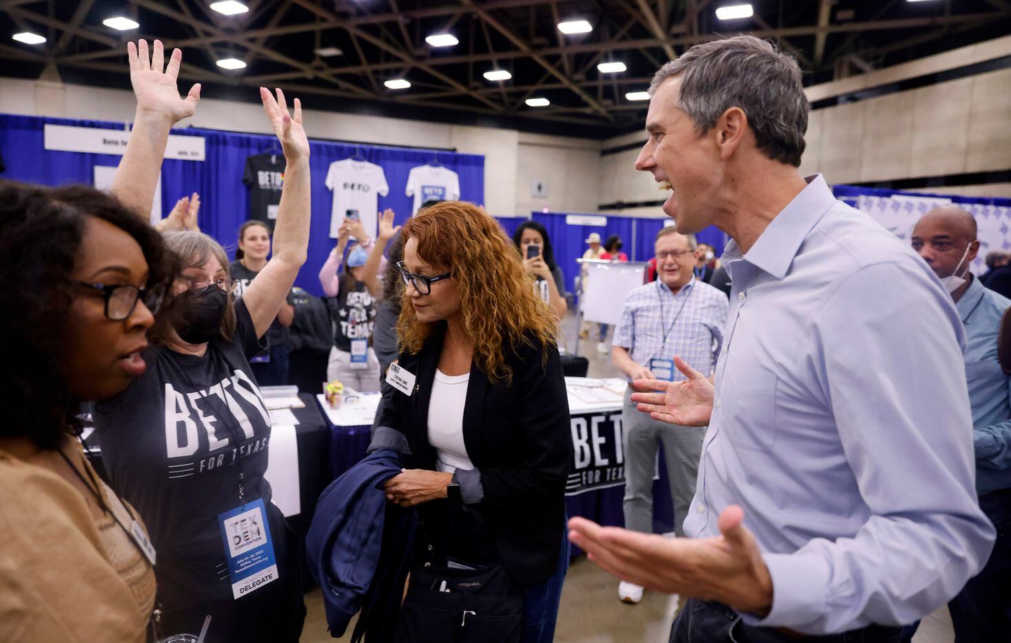 Democratic gubernatorial challenger Beto O'Rourke (right) is greeted by his supporters as he...