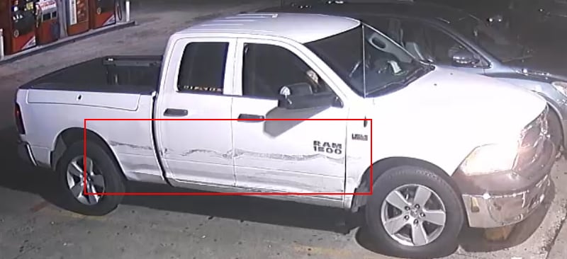 Surveillance camera footage contributed by Garland police. Garland police are searching for a white Dodge pickup truck they say a suspected gunman fled in after killing three and wounding another at a gas station.