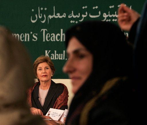  U.S. first lady Laura Bush meets with teachers at the teacher training institute at Kabul University in Kabul, Afghanistan, Wednesday, March 30, 2005. 