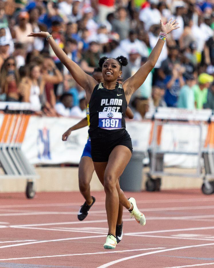 Tiriah Kelley of Plano East celebrates after winning the girls’ 200-meter dash at the UIL...