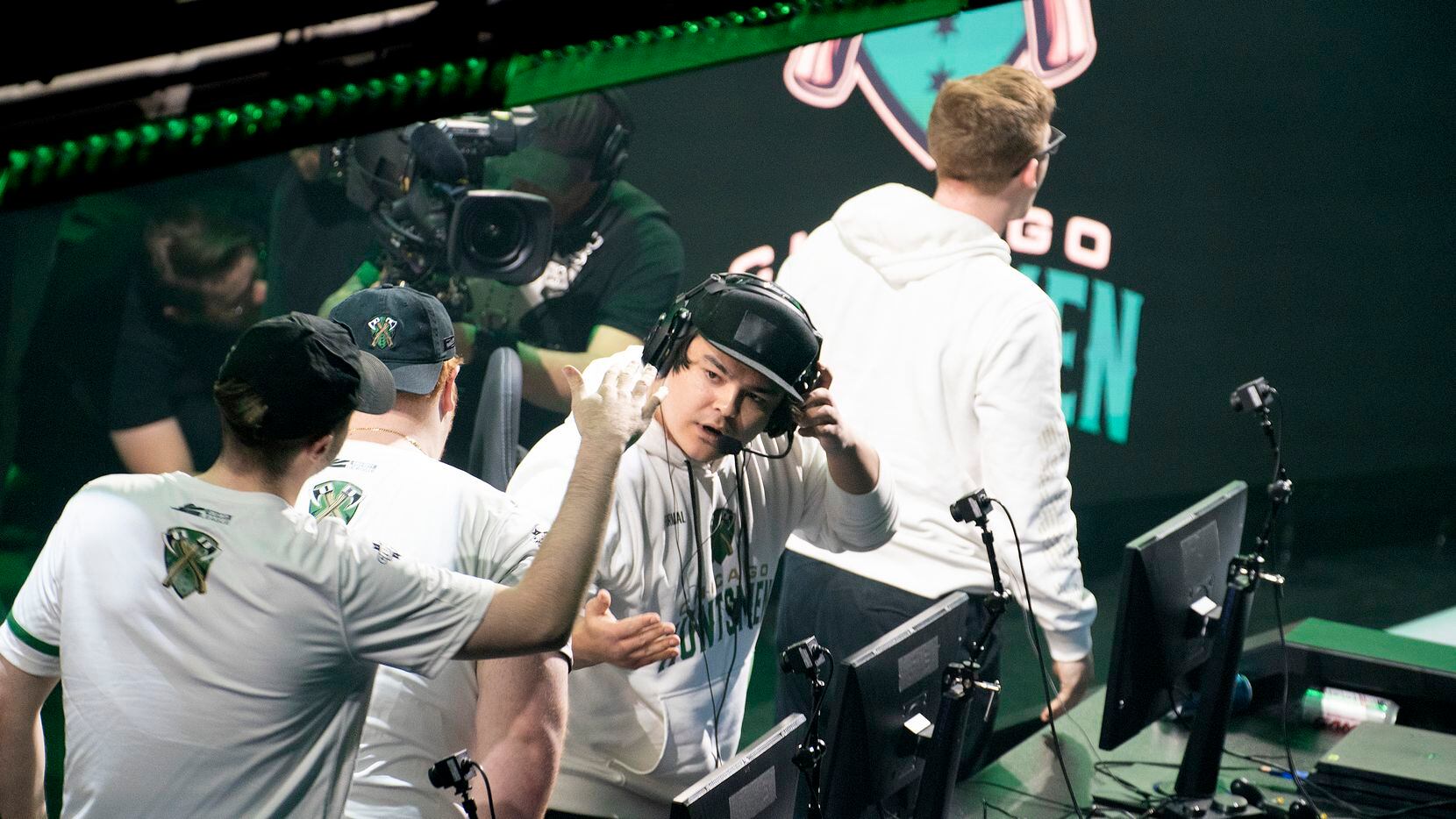 FormaL (Matthew  Piper) celebrates with Chicago Huntsmen teammates after their victory against Dallas Empire in the first match of in the Call of Duty League Launch Weekend at the Armory in Minneapolis, Minn., January 24, 2020.