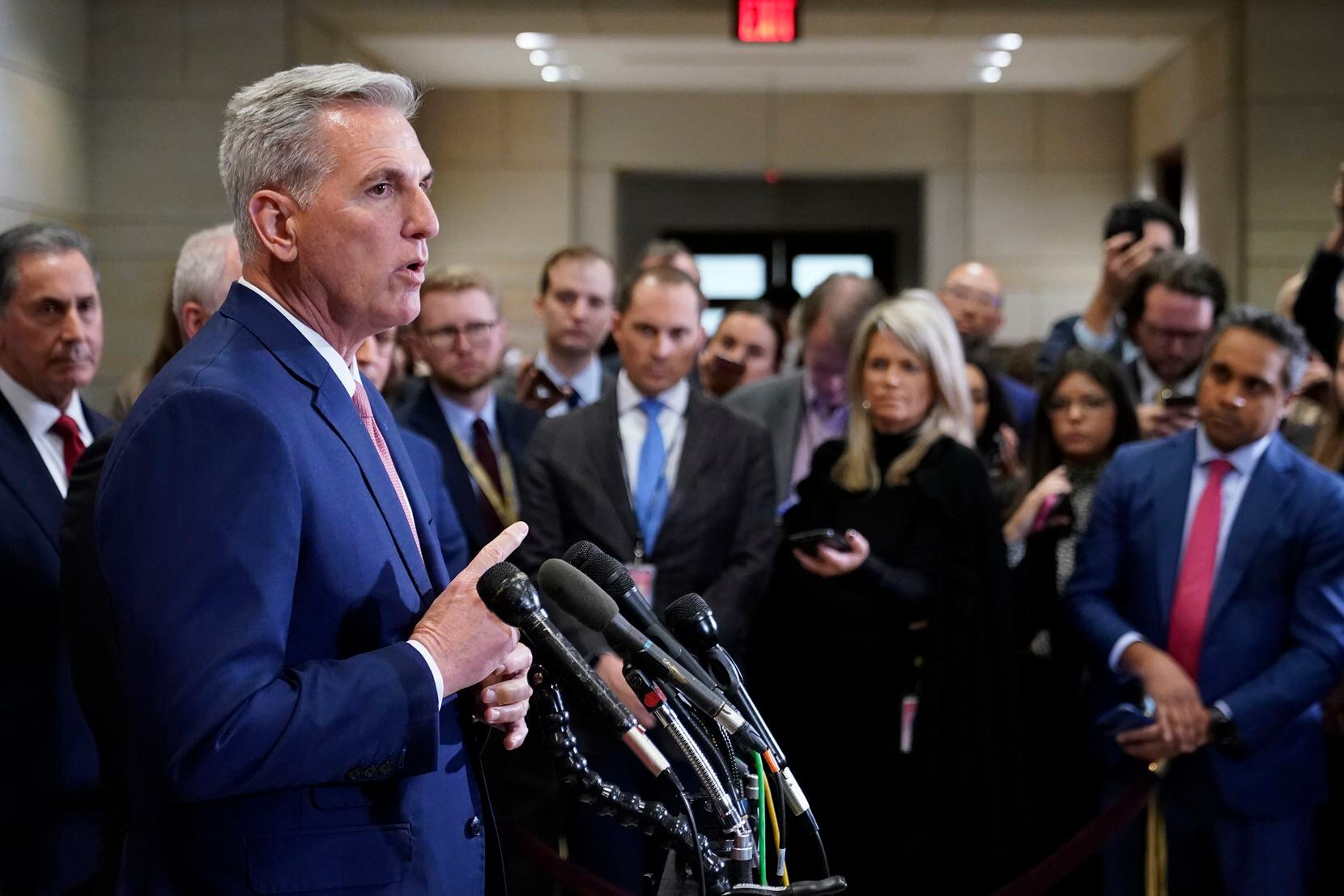 House Minority Leader Kevin McCarthy of Calif., speaks with journalists after winning the...