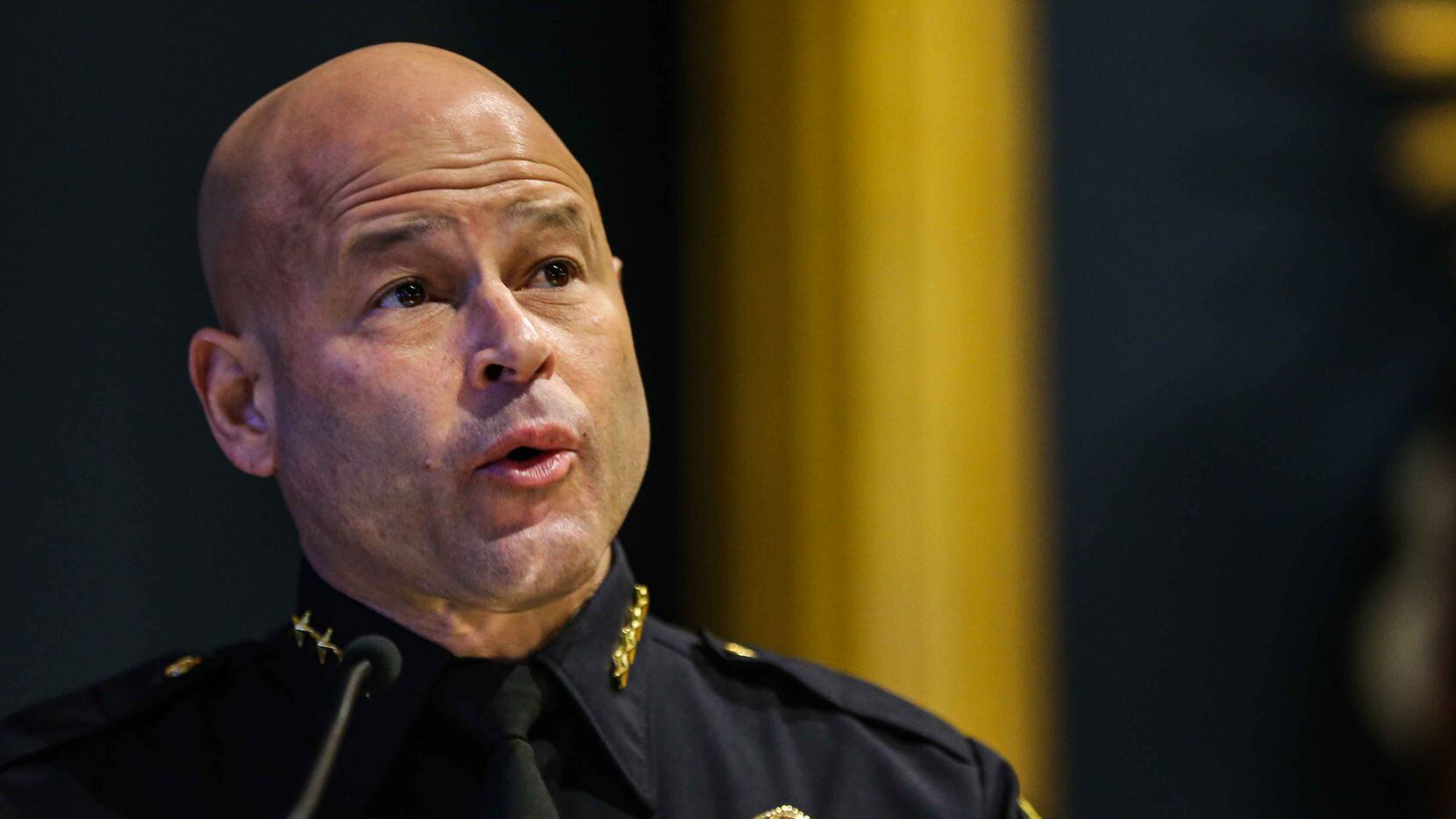 Dallas Police Chief Eddie García, 50, who retired in December as police chief in San Jose, Calif., addresses the community attending the mass at San Juan Diego Catholic Church in his first week as Dallas Police Chief in Dallas on Sunday, February 7, 2021. (Lola Gomez/The Dallas Morning News)
