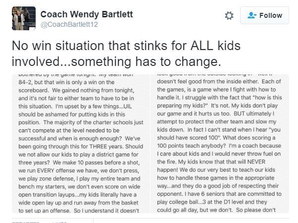 A screengrab of Carrollton Ranchview girls coach Wendy Bartlett's tweet after her team beat...
