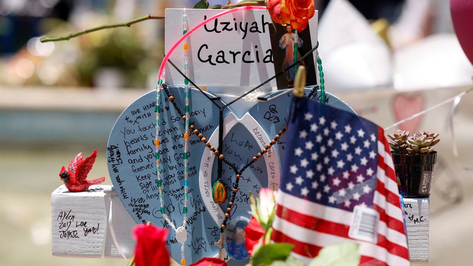 A memorial for Robb Elementary School shooting victim Uziyah Garcia, 10, at the town square...