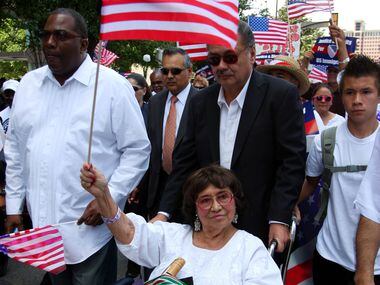 Adelfa Callejo marches with other SB1070 protestors during an Immigration Rally on May 1,...