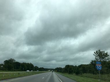Clouds on I-10 outside Schulenburg as rain continues to fall as part of tropical storm...