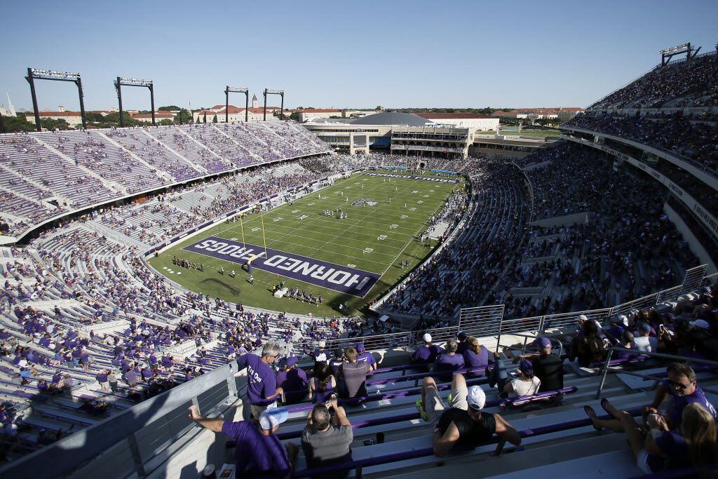 Fans watch from Amon G. Carter Stadium as Stephen F. Austin plays TCU in the second half of...