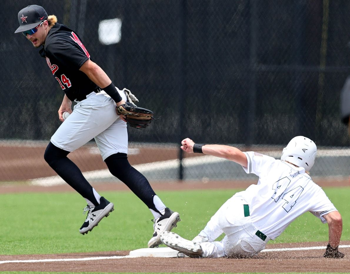 Coppell third baseman Tanner Sever (left) steps on third base to get the out on Prosper...