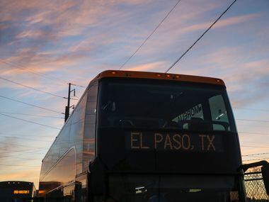 A departing bus is seen at a Tornado Bus station in El Paso on Saturday, March 30, 2019. 