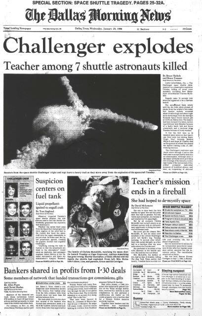 The front page of the Dallas Morning News on January 29, 1986.