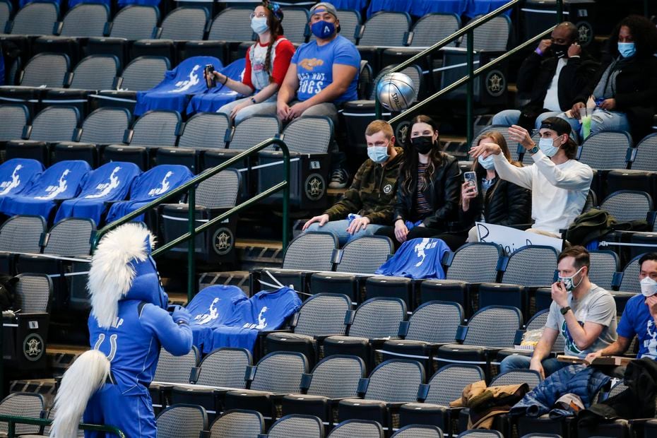 Dallas Mavericks mascot Champ tosses a basketball back and forth with fans, consisting...