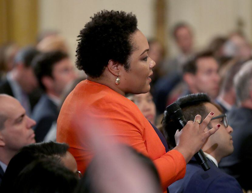 Yamiche Alcindor of PBS NewsHour asks a question to President Donald Trump on Nov. 7 in the...