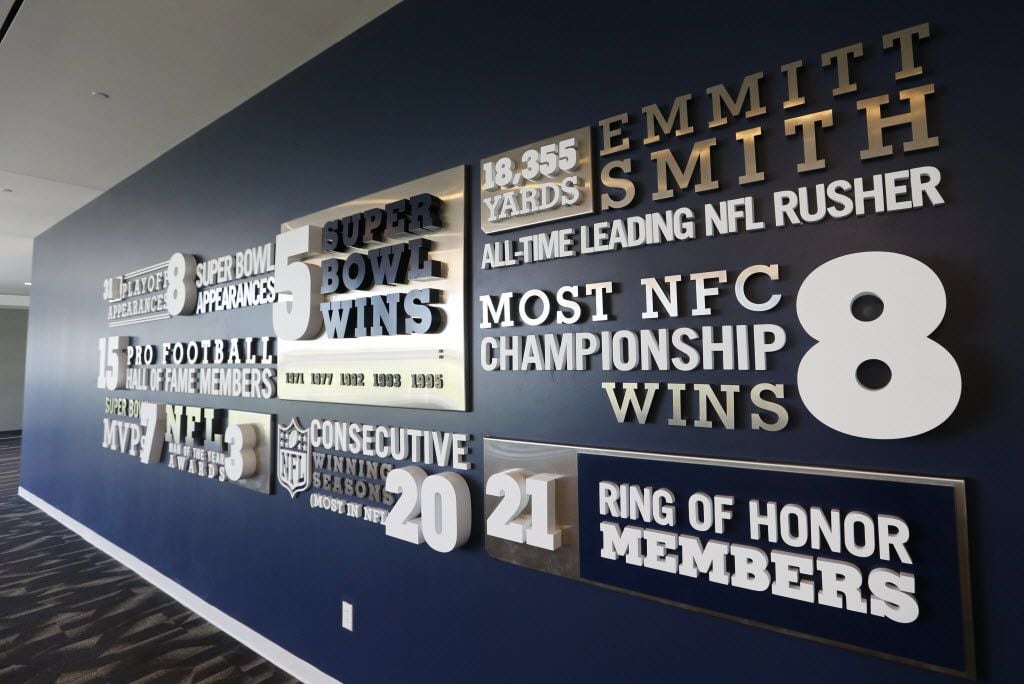 A wall inside the headquarters building highlights some of the team's accomplishments.