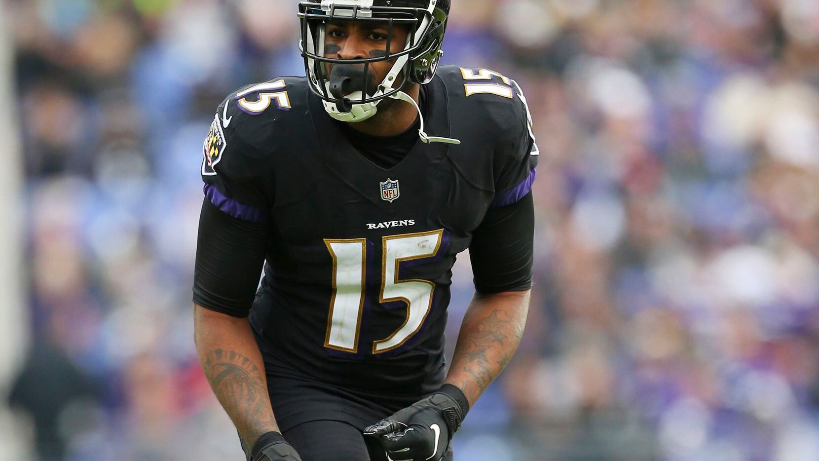 Baltimore Ravens wide receiver Michael Crabtree (15) in action against the Cincinnati...